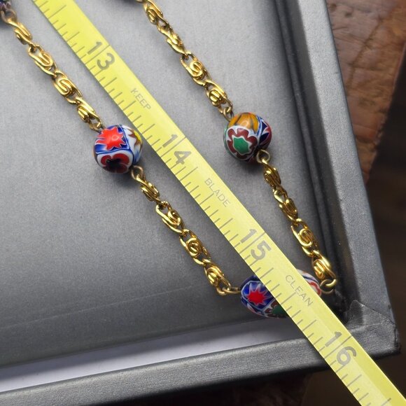 VTG Venetian Murano Millefiori Glass Beaded Station Necklace 31" Gold Plated - Picture 10 of 11